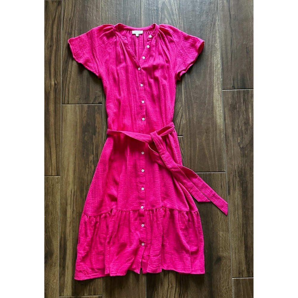 Mable Pink‎ Maxi Cotton Dress Womens Bell Sleeve Button Down Pocket Belted Sz SM